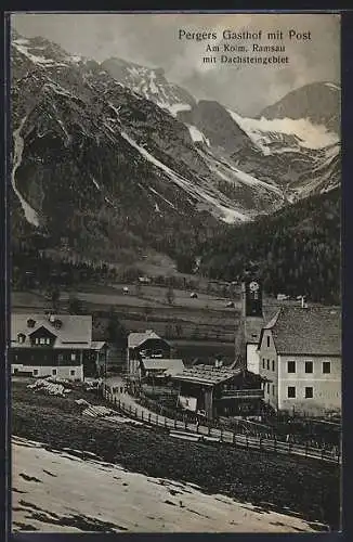 AK Ramsau-Kulm, Pergers Gasthof mit Post und Blick zum Dachstein-Gebirge