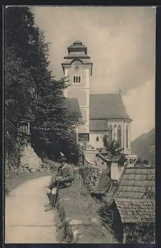 AK Hallstatt, Partie mit Wandersmann