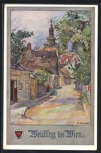 Künstler-AK Weidling, Ortsansicht mit Blick zur Kirche, Deutscher Schulverein