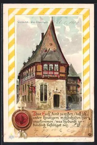 Lithographie Goslar, Hotel-Restaurant Brusttuch mit Spruch