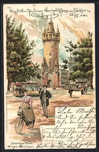 Lithographie Frankfurt /Main, Eschenheimer Turm, Strassenbahnen und Radfahrerin