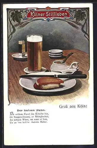 AK Kölner Stilleben, Der halven Hahn, Brot und Bier, Streichhölzer