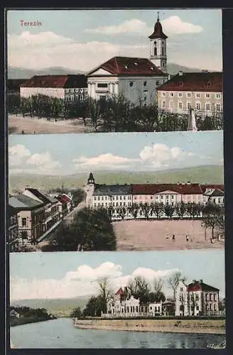 AK Theresienstadt / Terezin, Paradeplatz mit Post, Garnisonskirche mit Hauptwache