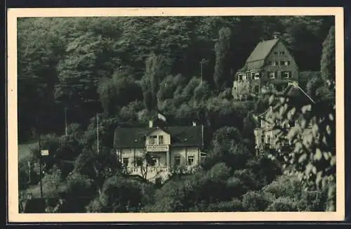 AK Scheidt /Saar, Café-Restaurant Bartenberg von Felix Gassen, Ortsansicht aus der Vogelschau