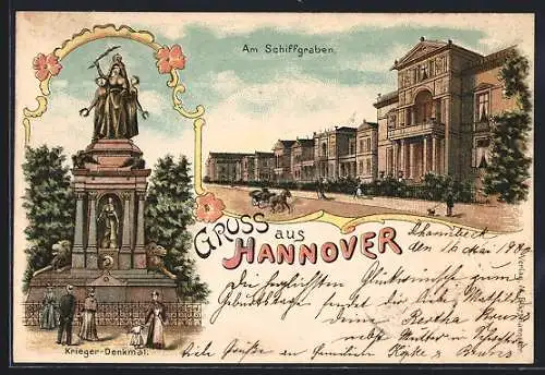 Lithographie Hannover, Strassenpartie Am Schiffgraben, Kriegerdenkmal, Pferdekutsche