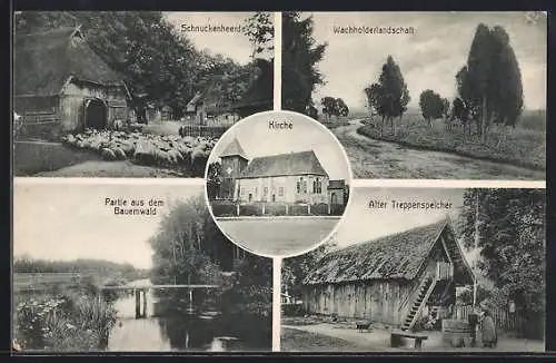 AK Müden / Örtze, Schnuckenheerde, Wacholderlandschaft, Partie aus dem Bauernwald, Alter Treppenspeicher, Kirche