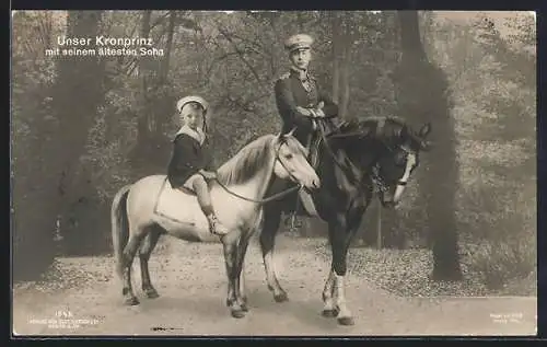 AK Kronprinz und sein ältester Sohn auf Pferden