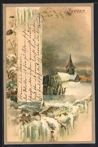 Lithographie Januar, Schnee-Idylle mit Kirche, Eiszapfen