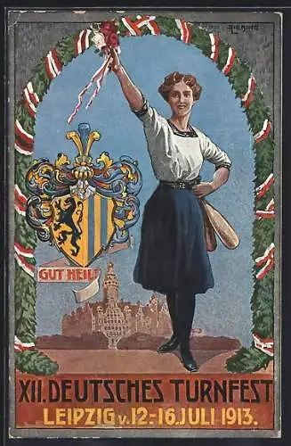 AK Leipzig, XII. Deutsches Turnfest 1913, Frau mit Rosen, Wappen