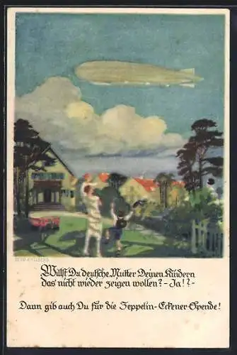 Künstler-AK Otto Amtsberg: Zeppelin-Eckener-Spende, Mutter und Sohn winken dem Zeppelin