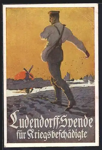 AK Ludendorfspende für Kriegsbeschädigte, Bauer bei der Feldarbeit bei Sonnenaufgang