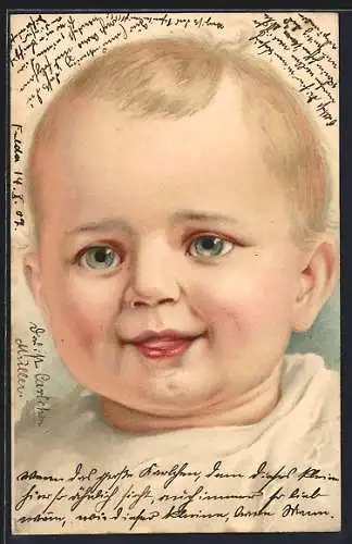 Lithographie Lächelnder Kinderkopf mit blondem Haar und blauen Augen