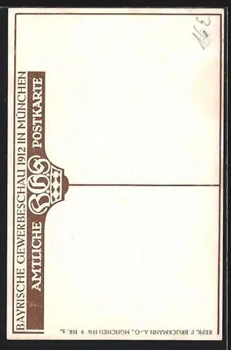 Künstler-AK München, Bayrische Gewerbeschau 1912, Frauenfigur mit Ehrenkranz