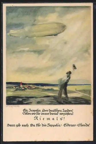 Künstler-AK Otto Amtsberg: Bauer winkt dem Zeppelin in den Lüften