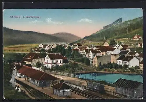 AK Scheidt / Saarbrücken, Ortsansicht mit Bahnhof