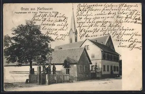 AK Harthausen / Pfalz, Hauptstrasse mit Kreuz, Pfarrhaus und Kirche