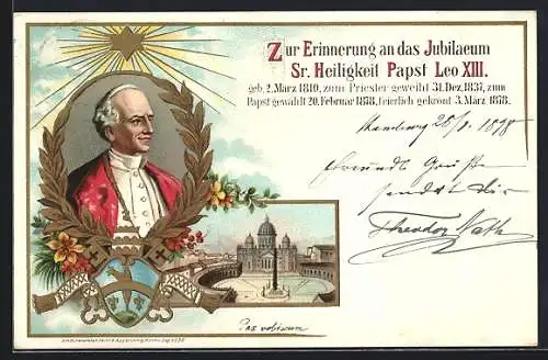 AK Papst Leo XIII., geb. 2.3.1810, Jubiläum, Papst gewählt: 20.2.1878, feierlich gekrönt: 3.3.1878