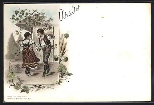 Lithographie Paar in Tracht beim Volkstanz