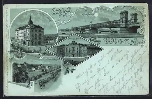 Mondschein-Lithographie Wien, Hotel Theresienhof, Albrechts Kaserne, Reichsbrücke