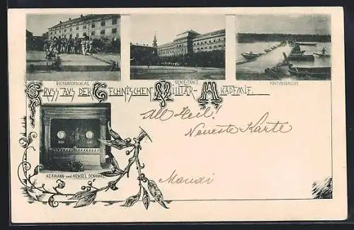 AK Wien, Technische Militär-Akademie, Genie-Tract, Pontonbrücke, Hermann und Hensel Denkmal