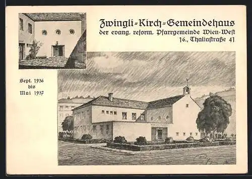 Künstler-AK Wien-West, Zwingli-Kirch-Gemeindehaus, Thaliastrasse 41