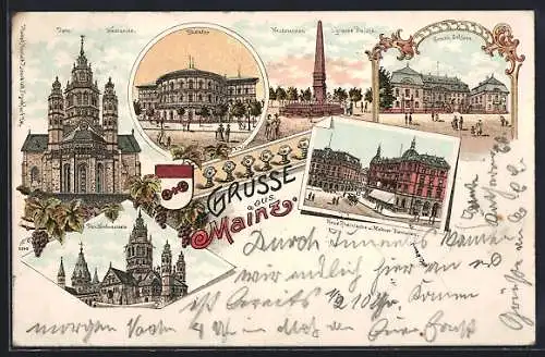 Lithographie Mainz, Dom Nord- & Westseite, Theater, Neubrunnen, Grossh. Schloss