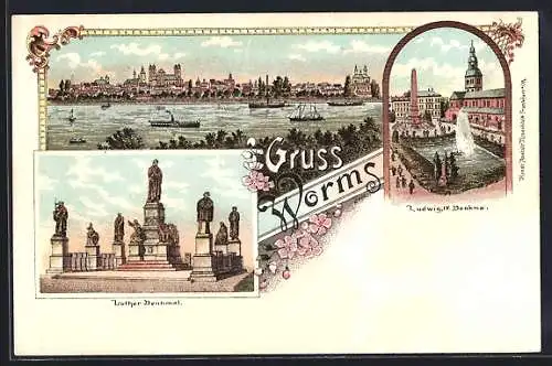 Lithographie Worms, Totalansicht mit Fluss, Luther Denkmal, Ludwig IV. Denkmal