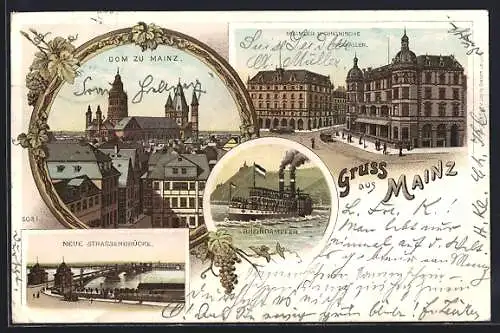 Lithographie Mainz, neue Strassenbrücke, Dom, Mainzer und Rheinische Bierhallen