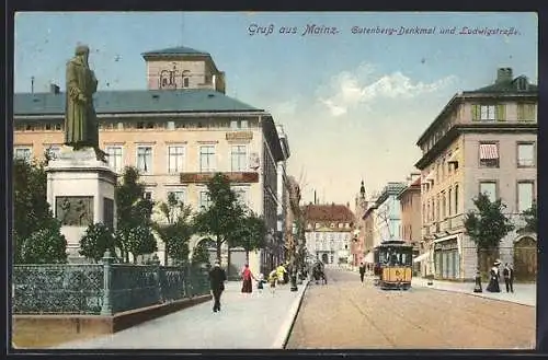 AK Mainz, Gutenberg-Denkmal in der Ludwigstrasse mit Strassenbahn