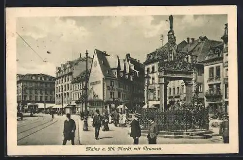 AK Mainz, Markt mit Brunnen und Ständen