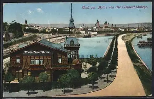 AK Mainz, Ortsansicht von der Eisenbahnbrücke gesehen, Blick zum Winterhafen