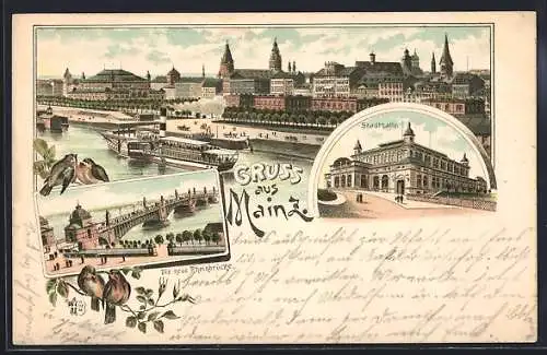 Lithographie Mainz, Stadthalle und neue Rheinbrücke