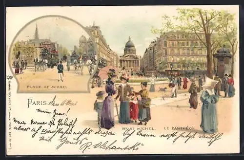 Lithographie Paris, Place Sz. Michel, Bd. St. Michel et le Panthéon
