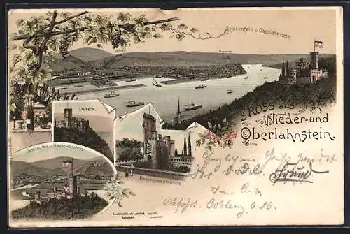 Lithographie Niederlahnstein, Lahneck, Stolzenfels, Einganz zum Schloss