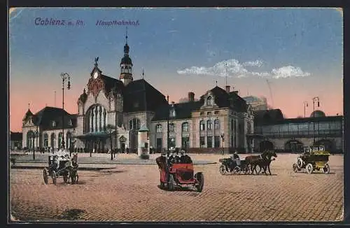 AK Koblenz, Hauptbahnhof mit Kutschen und Autos