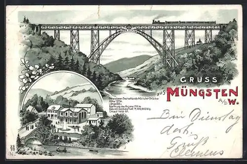 Lithographie Müngsten a. d. W., Gasthof an der Kaiser Wilhelm-Brücke