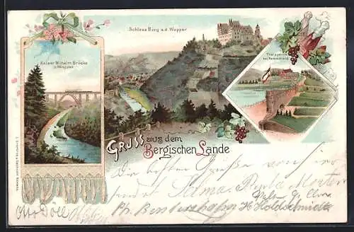 Lithographie Müngsten, Thalsperre bei Remscheid, Schloss Burg an der Wupper, Perlen