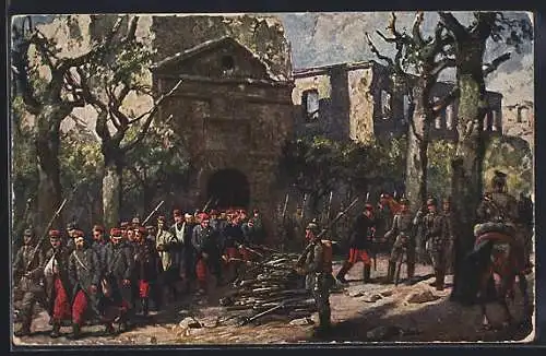 Künstler-AK W. Bürger: Longwy, Gefangennahme der Besatzung, 26.08.1914 dur die Armee des Kronprinz Wilhelm