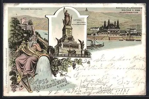 Lithographie Rüdesheim /Rh., Niederwald-Denkmal, Rheinansicht mit Vater Rhein und Gaststätte Rheinhalle V. Roos