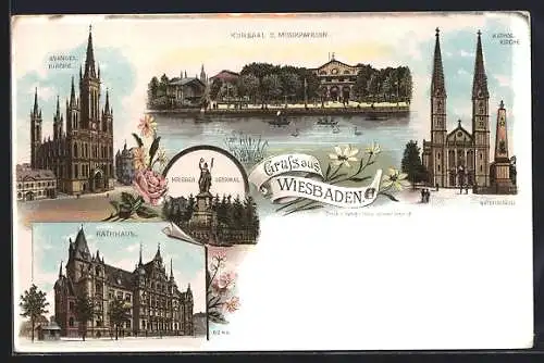 Lithographie Wiesbaden, Kursaal und Musikpavillon, Rathaus, Krieger-Denkmal