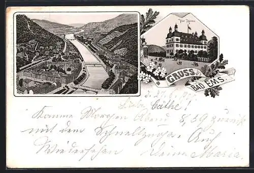 Lithographie Bad Ems, Gesamtansicht, vier Thürme