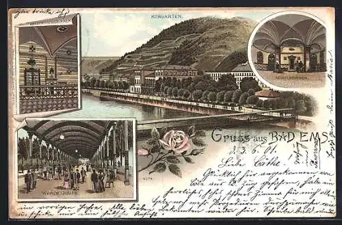 Lithographie Bad Ems, Kraehnchenbrunnen, Kurgarten, Kesselbrunnen, Wandelbahn