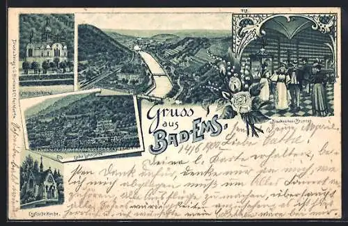 Lithographie Bad Ems, Kraehnchen-Brunnen, Ortsansicht, Linke Lahnseite, Englische Kirche