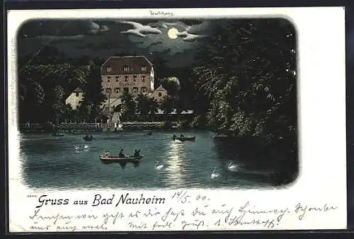 Lithographie Bad Nauheim, Gasthaus Teichhaus mit Ruderpartie