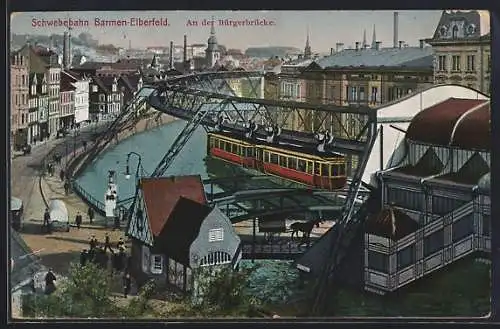 AK Wuppertal, Schwebebahn Barmen-Elberfeld-Vohwinkel, Passanten und Kutschen an der Bürgerbrücke