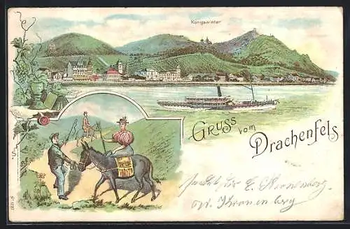 Lithographie Königswinter, Gesamtansicht mit Drachenfels, Gäste auf Eseln zum Drachenfels reitend