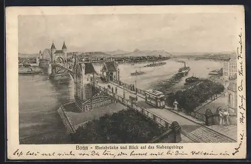 AK Bonn, Rheinbrücke & Blick auf das Siebengebirge, Strassenbahn