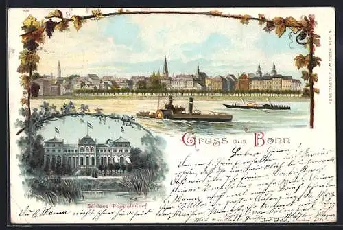 Lithographie Bonn, Rhein mit Dampfschiffen, Schloss Poppelsdorf