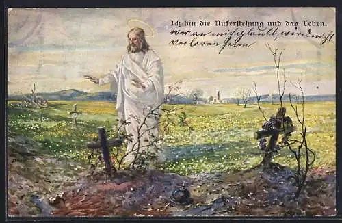 Künstler-AK Jesus bei Soldatengräbern