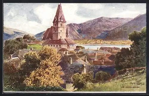 Künstler-AK Weissenkirchen, Ortsansicht aus der Vogelschau (Gemälde von Fritz Lach)